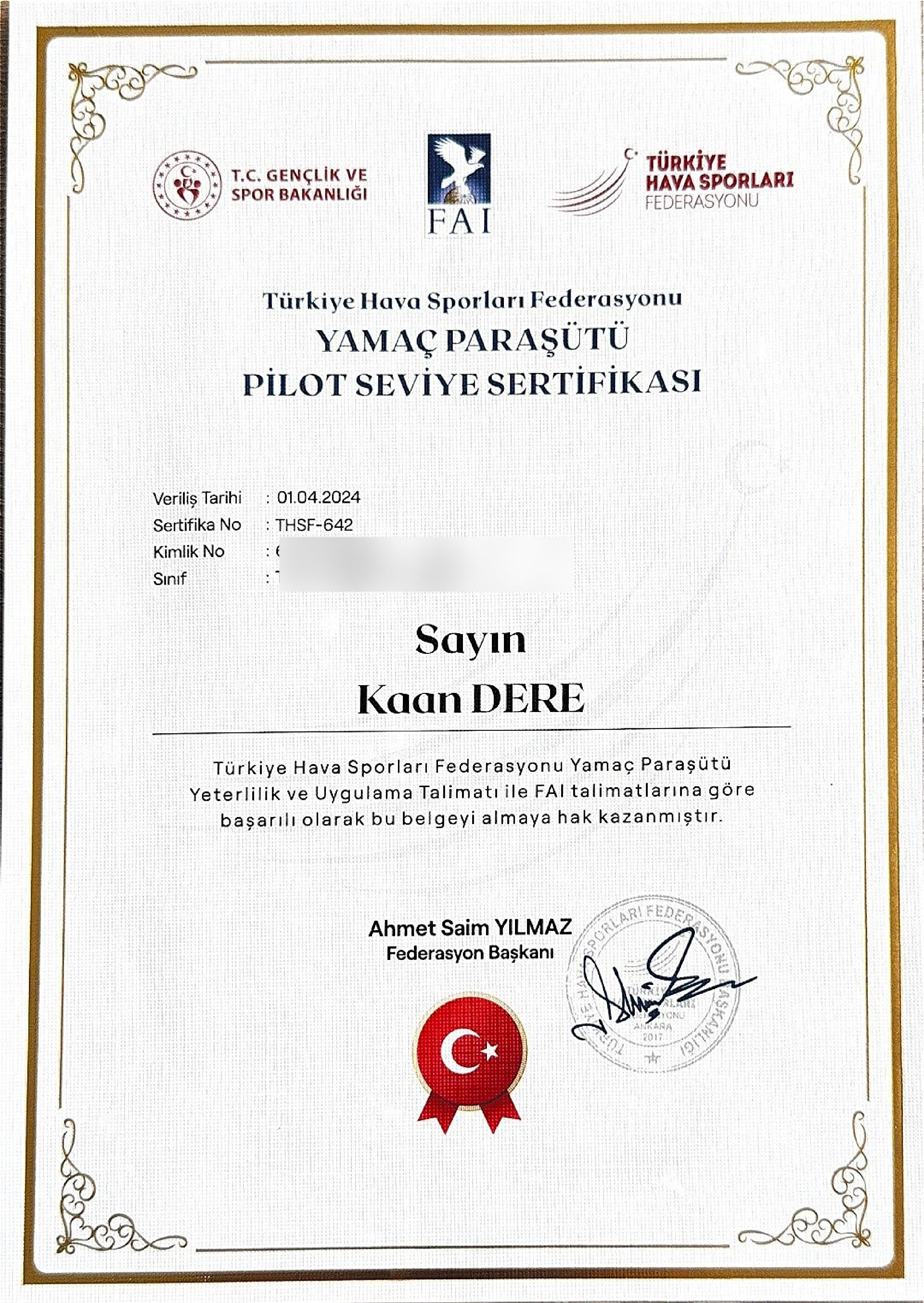 THSF Yamaç Paraşütü Pilot Sertifikası